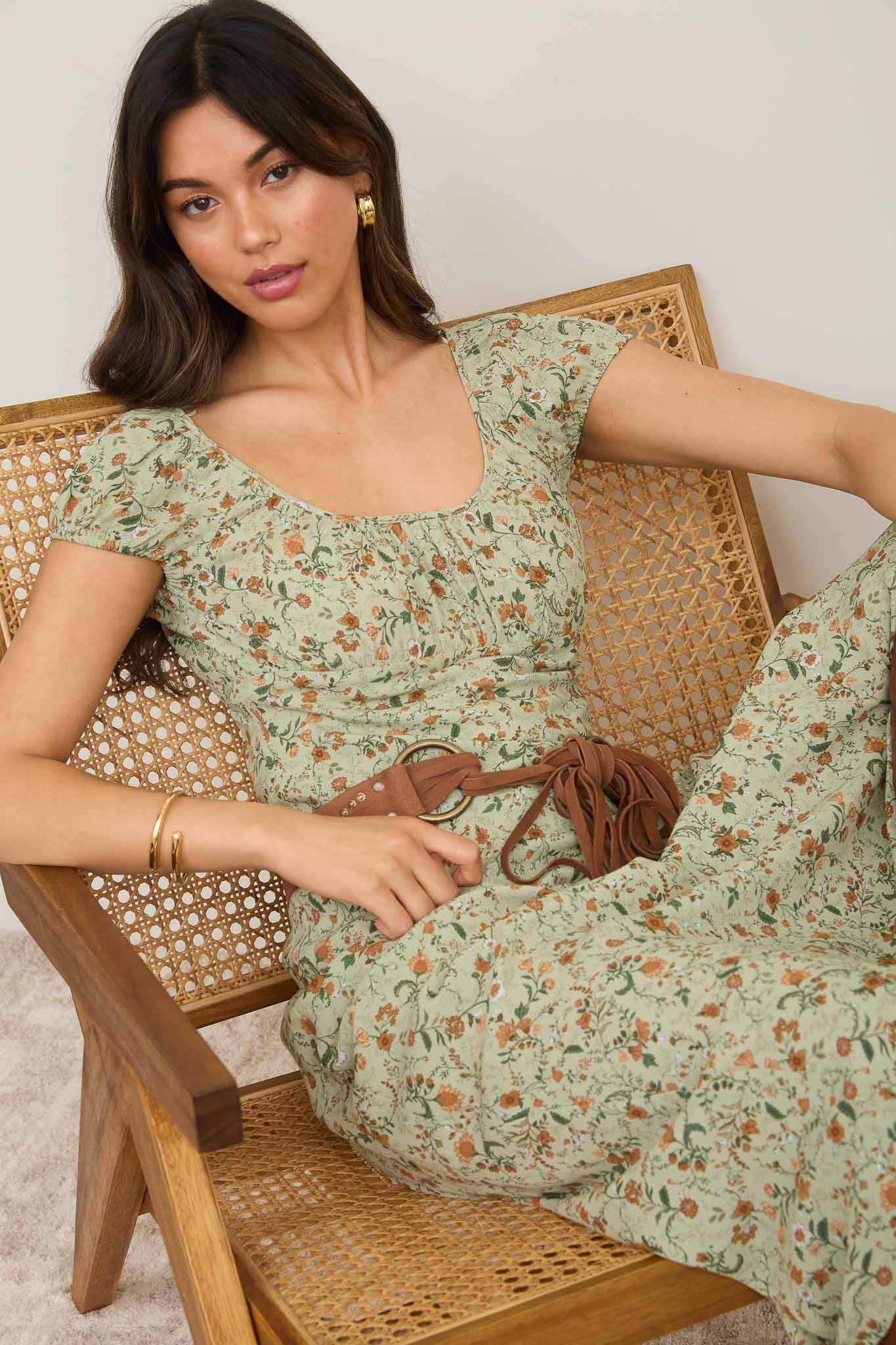 Autumn Bloom Midi Dress — Cream & Sage