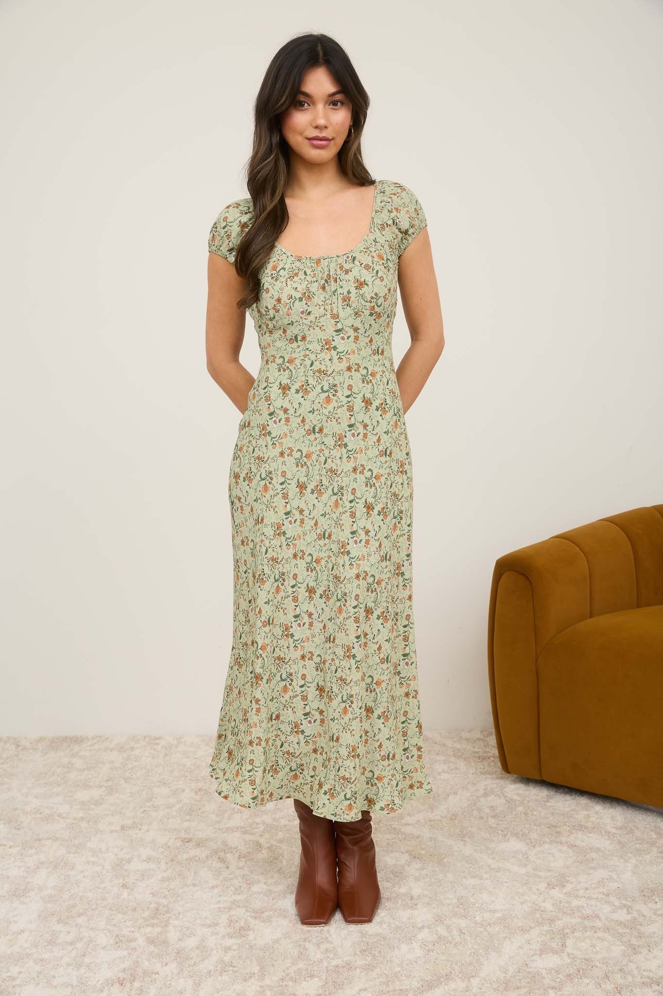 Autumn Bloom Midi Dress — Cream & Sage