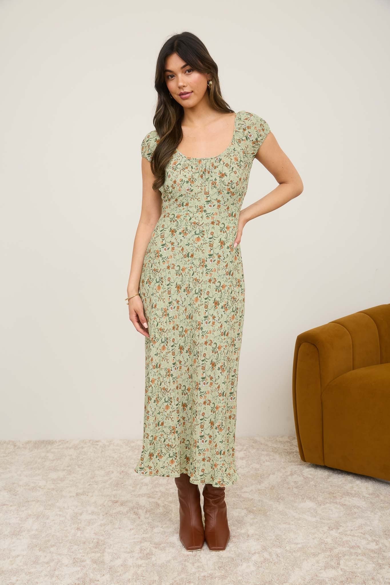 Autumn Bloom Midi Dress — Cream & Sage
