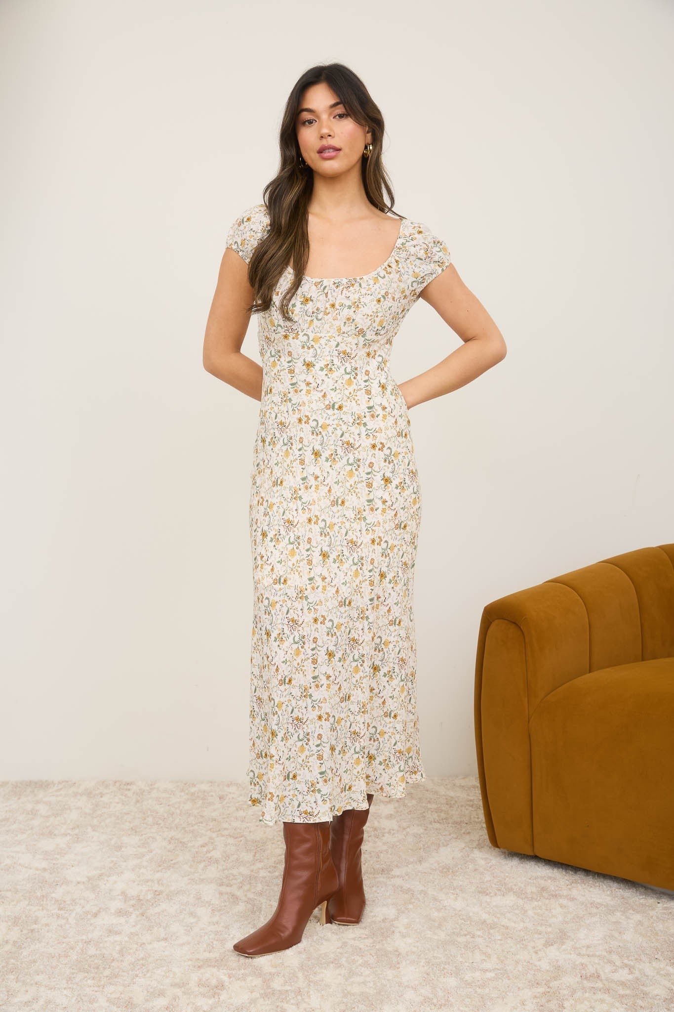 Autumn Bloom Midi Dress — Cream & Sage