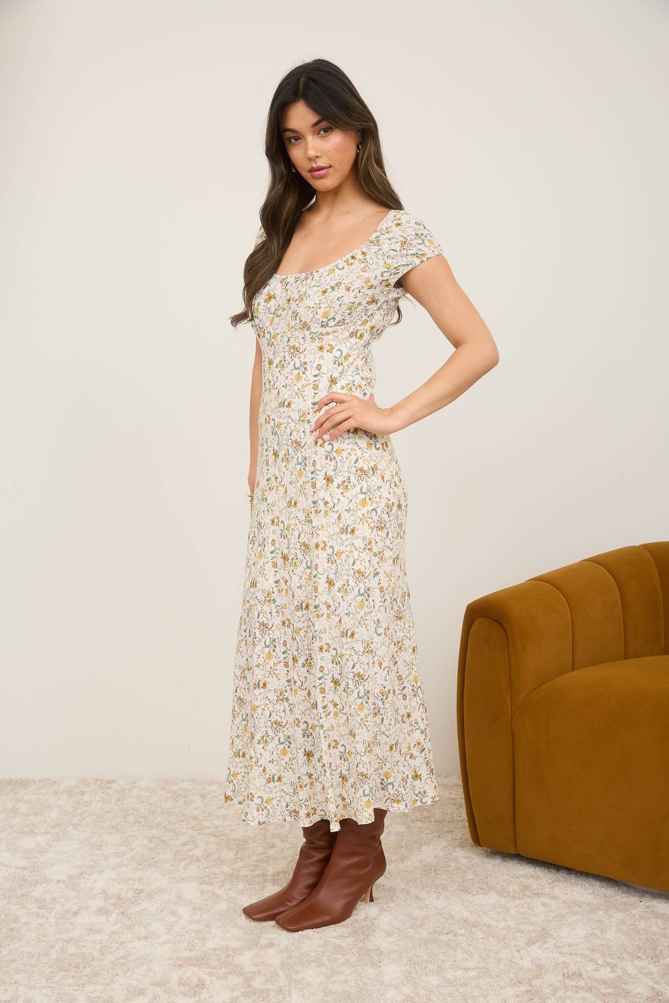 Autumn Bloom Midi Dress — Cream & Sage