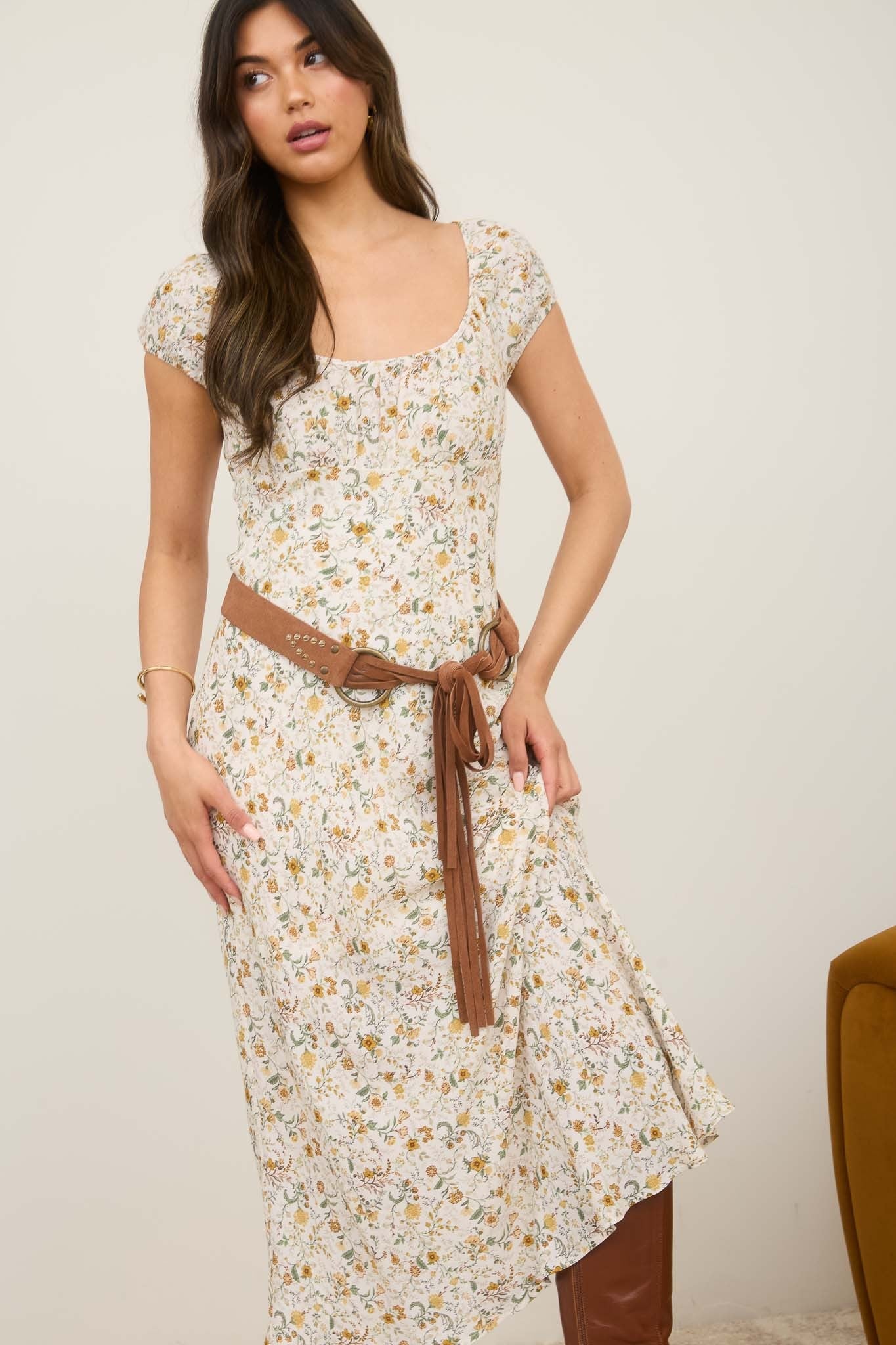 Autumn Bloom Midi Dress — Cream & Sage