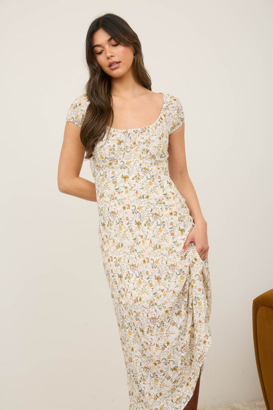 Autumn Bloom Midi Dress — Cream & Sage